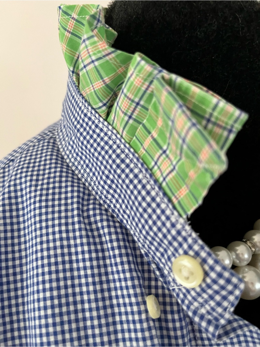 Upcycled Ralph Lauren Navy and White Micro-Check Button-Down Ruffle Collar - Picture 3 of 6